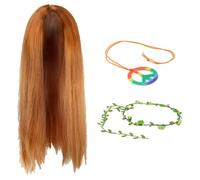 Costume da hippie per adulti, parrucca lunga marrone, collana arcobaleno della pace e corona di fiori verdi, kit di accessori per travestimento anni '60 e '70