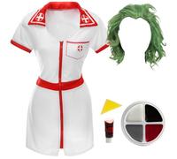 Costume da infermiera scherzosa da uomo, taglia XL, vestito da infermiera bianco e rosso, cappello da allattamento, parrucca verde, pittura per il viso e sangue finto, costume per adulti per TV film