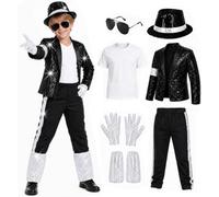 Costume da King of Pop per bambini anni '80 Rockstar | Set di 7 pezzi per costume con giacca, pantaloni, cappello, maglietta, guanti, accessori per costume per Halloween, carnevale