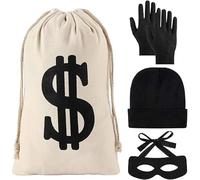 Costume da ladro, 4 pezzi, per adulti e ragazzi | Costume da ladri divertente, con guanti neri, maschera, cappello e sacchetto per soldi, per Halloween e carnevale
