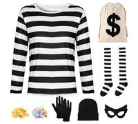 Costume da ladro da donna, 8 pezzi, per adulti, con strisce nere e bianche, a maniche lunghe, leggings per occhi e portafogli, adatto per Halloween Carnevale e palline in maschera