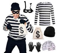 Costume da ladro per adulti, set di costume da ladro di rapinatori per adulti, con maschera per gli occhi, guanti e borsa in tela a righe bianche e nere, per la Giornata mondiale del libro, cosplay