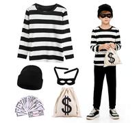 Costume da ladro per bambini, costume da rapinatore, costume da ladro con parte superiore a righe, berretto lavorato a maglia, maschera, sacchetto di denaro, banconote, costume di carnevale per