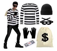 Costume da Ladro per Uomini, Set di Costumi per Ladri, Costume Ladro Accessorio, Cosplay Costume da Rapinatore Banche, Costume da Ladro Rapinatore, Costume Halloween Ladro, Carnevale Feste a Tema-6pcs
