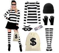 Costume da Ladro Set per Donne, Set di Costume di Ladro per Donne Adulte, Ladro Accessori Giochi di Ruolo, Donne Adulte Ladri Cosplay per Carnevale, Criminale Halloween - 7pcs