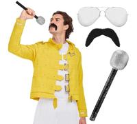 Costume da leggenda rock anni '80, giacca gialla, occhiali, baffi e microfono, costume ispirato alle icone della musica per Halloween, addio al celibato e feste anni '80, taglia unica fino a 111,8 cm