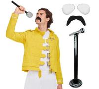 Costume da leggenda rock anni '80, giacca Mercury gialla, supporto per microfono, occhiali e baffi, taglia unica (fino a 111,8 cm)