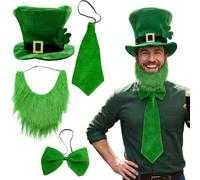 Costume da leprechaun 4 pezzi/set accessori per il giorno di San Patrizio Cappello a cilindro verde con fiocco, papillon e barba per feste cosplay, costume da leprechaun, cappello, accessori per i