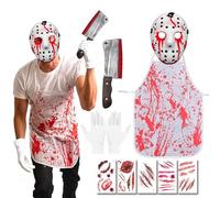Costume da Macellaio per Halloween, Costume da Serial Killer Horror, Costume Halloween Uomo, Maschera da Killer, Grembiule Insanguinato, Coltello di Halloween Horrorm, Guanti di Cotone
