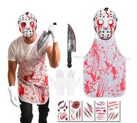 Costume da Macellaio per Halloween, Costume da Serial Killer Horror, Costume Halloween Uomo, Maschera da Killer, Grembiule Insanguinato, Coltello di Halloween Horrorm, Guanti di Cotone