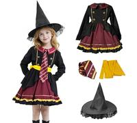 Costume da Mago, 4 Pezzi Mago Cosplay Uniforme con Cappello da Strega,Abito da Lolita,Cravatta,Cintura, Kit Cosplay Mago Magico Adatti a Donne e Ragazze, Costume di Carnevale Halloween (Ragazza, 130)
