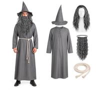 Costume da mago grigio, per adulti, per Halloween, 5 pezzi | Vestaglia medievale da mago, cappello da strega a punta, parrucca ondulata, barba riccia, corda in vita, per travestimenti