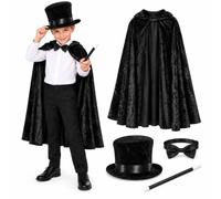 Costume da mago per bambini, mantello nero, papillon, bacchetta e cappello | mantello in velluto nero, papillon in raso, bacchetta magica, cappello morbido 55 cm, set di costumi di Halloween per bambini