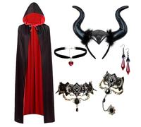 Costume da Maleficent da donna, 170 cm, mantello da diavolo, corna da diavolo, cerchietto gotico, accessorio in pizzo, mantello in velluto nero e rosso malefico, mantello con cappuccio, mantello da