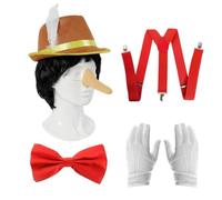 Costume da marionetta in legno, per adulti, 6 pezzi, con cappello, parrucca nera, naso lungo, papillon rosso, bretelle e guanti bianchi, per la Giornata mondiale del libro, cosplay e teatro, unisex