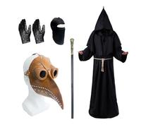 Costume da medico della peste per Halloween, con maschera a becco lungo, veste da prete, scettro, collana con croce, cintura, guanti in pelle, passamontagna, costume per carnevale di Halloween
