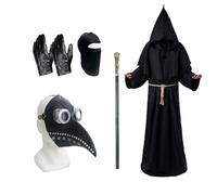 Costume da medico della peste per Halloween, con maschera a becco lungo, veste da prete, scettro, collana con croce, cintura, guanti in pelle, passamontagna, costume per carnevale di Halloween