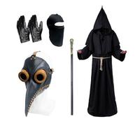 Costume da medico della peste per Halloween, con maschera a becco lungo, veste da prete, scettro, collana con croce, cintura, guanti in pelle, passamontagna, costume per carnevale di Halloween