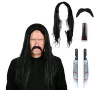 Costume da mercenario messicano per adulti, parrucca nera lunga, machete di plastica finta, baffi messicani, sangue finto, costume da uomo per Halloween o scherzetto TV