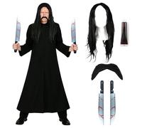 Costume da mercenario messicano per adulti, taglia XL, giacca nera con spolverino nero, parrucca lunga, machete di plastica, baffi messicani, sangue finto, costume da uomo per Halloween e film TV