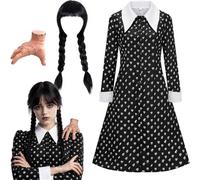 Costume da Mercoledì per bambina, per Halloween, carnevale | Vestito da donna con colletto, outfit per Halloween, carnevale, ragazza, abito midi nero, set Addams con parrucca e mani