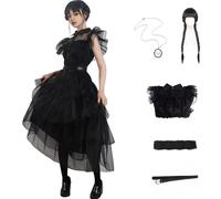 Costume da mercoledì per la famiglia, vintage, gotico, da ballo, cosplay, da donna e ragazza, con gonna in tulle e pizzo, per feste di Halloween (XL-vestito-parrucca)