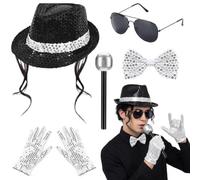 Costume da Michael da uomo, 5 pezzi, con cappello, papillon, guanti, occhiali e microfono, per feste di Halloween e feste, uso da parte di persone dai 15 anni in su