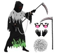 Costume da Mietitore Bambini Costume Morte Cappotto Nero Fantasma con Falce Guanti Copricapo Halloween Cosplay (120)