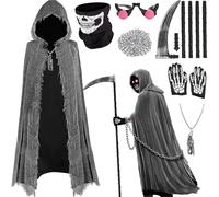 Costume da Mietitore della morte per bambini - 7pcs - Mantello da Mietitore della morte con maschera, falce, catena, occhiali rossi e guanti, costume di Halloween per bambini,Mietitoren della morte