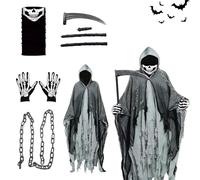 Costume da Mietitore di Halloween, Costume Morte Halloween con mantello con cappuccio, maschera, guanti, catene e falcetto, per Feste di Carnevale, Masquerade e Celebrazioni di Halloween (Grigio)