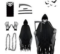 Costume da Mietitore di Halloween, Costume Morte Halloween con mantello con cappuccio, maschera, guanti, catene e falcetto, per Feste di Carnevale, Masquerade e Celebrazioni di Halloween (Nero)