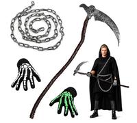 Costume da Mietitore di Halloween, Set di 3 Accessori Grim Reaper Costumer | HERAJOY Costumi Halloween Morte Falce della Morte,Guanti Scheletro e 1 collana da 3m per Adulti Costume Carnevale