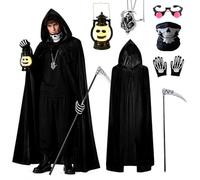 Costume da mietitore triste, 7 pezzi, costume da scheletro mietitore per Halloween, 140 cm, con mantello nero con falce, guanti da scheletro, maschera, occhiali, collana e lanterna con teschio