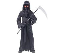 Costume da mietitore triste, per bambini, ragazzi e ragazze, costume spaventoso per Halloween, vestaglia con falce, occhiali con occhi rossi luminosi, guanti, abbigliamento per il viso, cintura (nero