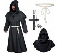 Costume da Monaco Medievale Abito Sacerdote,Costume Monaco,monaco costume,costume frate uomo,Con Cappuccio Corda In Vita E Collana A Croce,Costumi Halloween Adulti,per Halloween Carnevale Cosplay(L)