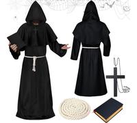 Costume da Monaco Prete, Frate Medievale Rinascimentale - Mantello con Corda in Vita e Collana - Halloween Cosplay Adulto Uomo Donna, Carnevale