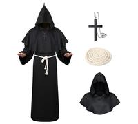Costume da Monaco Prete, Medievale Mantello Uomo con Cappuccio, Corda in Vita e Collana, Regali per Sacerdote, Cosplay Costumi Carnevale (Nero, XL)