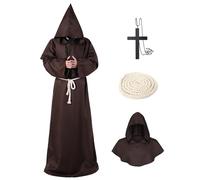 Costume da Monaco Prete, Medievale Mantello Uomo con Cappuccio, Corda in Vita e Collana, Regali per Sacerdote, Cosplay Costumi Carnevale (Marrone XXL)