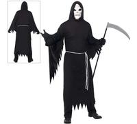 Costume Da Morte Nero Con Maschera Bianca Uomo Halloween Fantasia