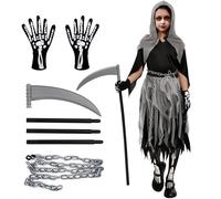 Costume Da Morte Per Bambina: Costume Di Halloween Per Bambini Ragazza Tristo Mietitore - Costume Di Carnevale Con Falce Catena Guanti Calzini Per Festa In Maschera (M (8-10 anni))