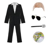 Costume da Mr Worldwide per adulti, taglia L, vestito nero, camicia bianca, berretto calvo, occhiali da sole, pizzetto nero, microfono argento, globo gonfiabile, costume da uomo e da donna per artisti