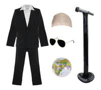 Costume da Mr Worldwide per adulti, taglia S, con camicia bianca, berretto calvo, occhiali da sole, pizzetto nero, microfono gonfiabile, globo gonfiabile, costume da uomo e donna per artisti rap