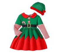 Costume da Natalizio - Abiti Natalizi per Bambine Abito a Maniche Lunghe con Stampa a Righe e Cappello Set di Abiti da Festa per Bambine Abbigliamento Casual (Green 2-3 Years)