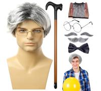 Costume da nonno da uomo, taglia adulta, costume da nonno, 8 pezzi/set da uomo, taglia adulta, parrucca vecchia, occhiali di canna, sopracciglia finte