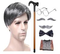 Costume da nonno per uomo, taglia adulto,Costume da nonno | Kit costume da nonno 8 pezzi/set | Parrucca Bastone da passeggio Occhiali Sopracciglia finte Baffi artificiali Papillon per Cosplay del nonn