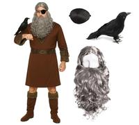 Costume da Odino per adulti, include parrucca grigia e barba, benda per occhi e corvo, costume da dio vichingo per Halloween o cosplay