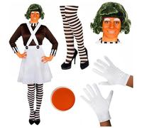 COSTUME DA OPERAIO IN FABBRICA DI CIOCCOLATO PER DONNE CON PARRUCCA, PITTURA FACCIALE E SOPRACCIGLIA PERFETTO PER LA SETTIMANA DEL LIBRO DI SCUOLA O QUALSIASI FESTA IN COSTUME (PICCOLO)