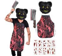 Costume da Orso Horror, Spaventosi Macellaio Costumi da Uomo di Halloween, Maschera da Orso Horror Nero, Grembiule Adesivo Con Coltello da Cucina Insanguinato per Halloween Carnevale Cosplay Festa