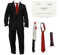 Costume da Patrick Bateman per adulti, taglia XXL, vestito nero + cravatta blu + coltello insanguinato + biglietto da visita + sangue finto, costume di Halloween