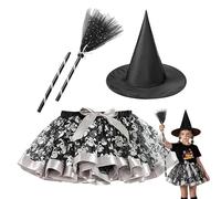 Costume da per abito da cosplay di Halloween per ragazze per bambini, cappello e scopa appuntito festivo, abito magico di gioco per bambini, ensemble incantevole in costume, ideale per il